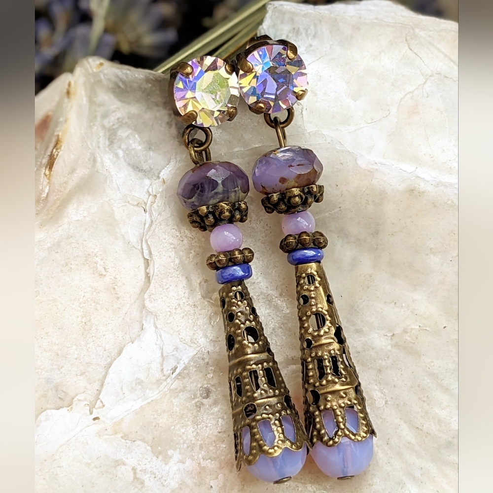 Victorian Lavender Opalite & Swarovski Crystal In Long Filligree Brass Earrings
